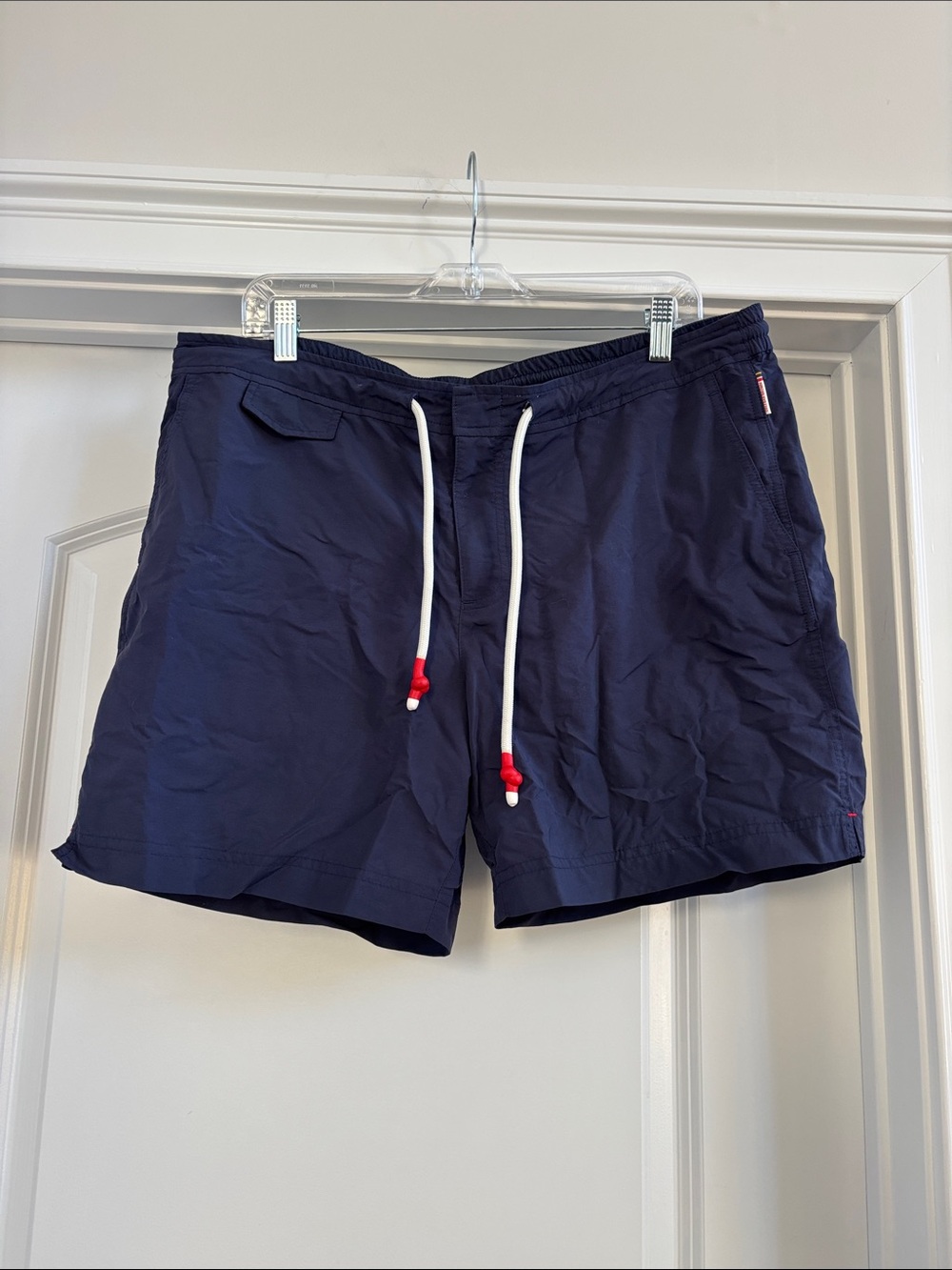 Orlebar Brown Navy Swim Trunks with White Drawstring and Red Bead Accents